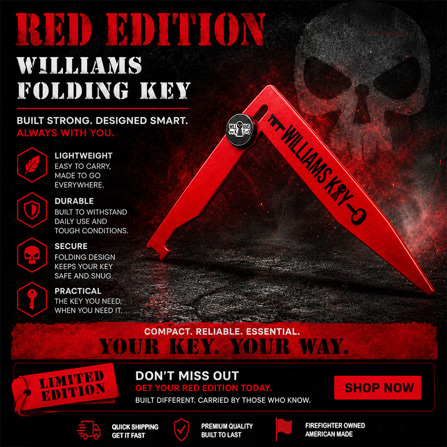 Red Folding Williams Key — high-visibility firefighter soft entry tool for damage-free door access