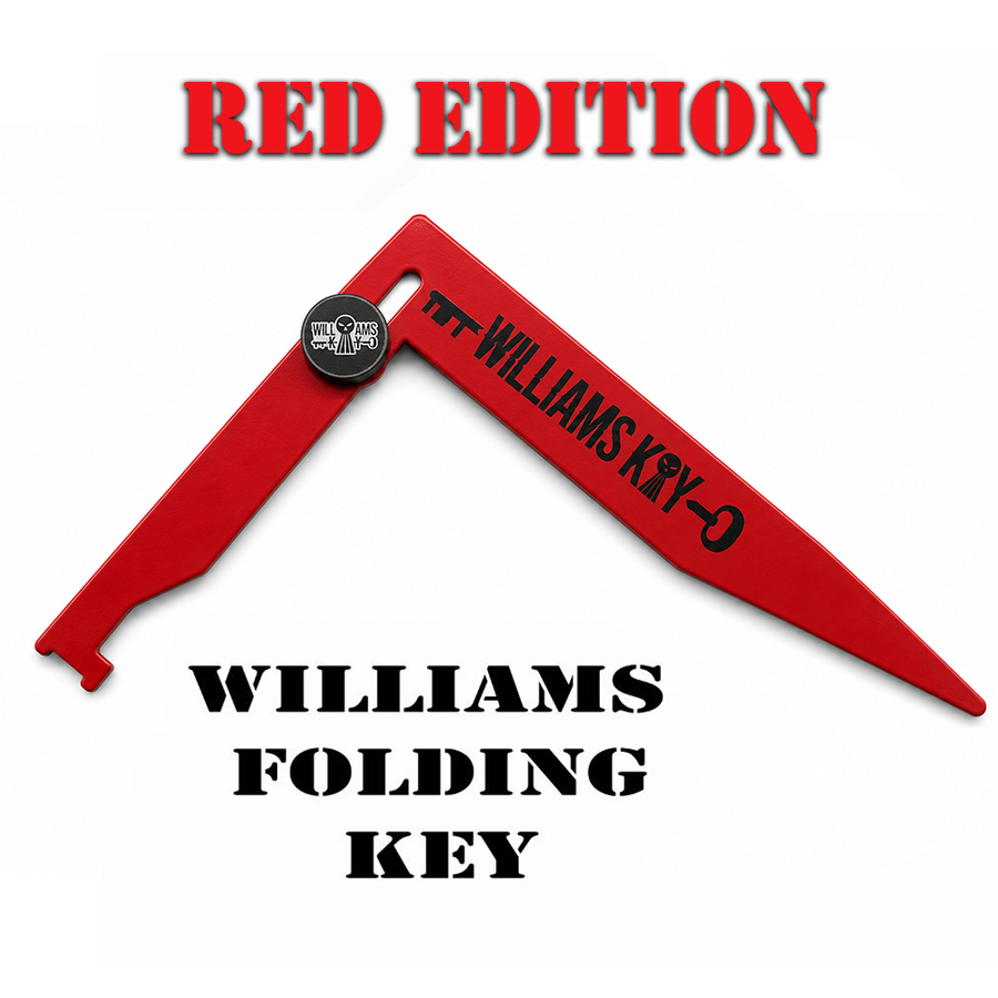 Red Folding Williams Key folded for carry — firefighter soft entry tool