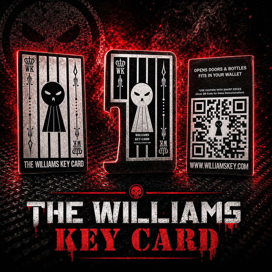 Three 'The Williams Key Card' cards with QR code on a dark background