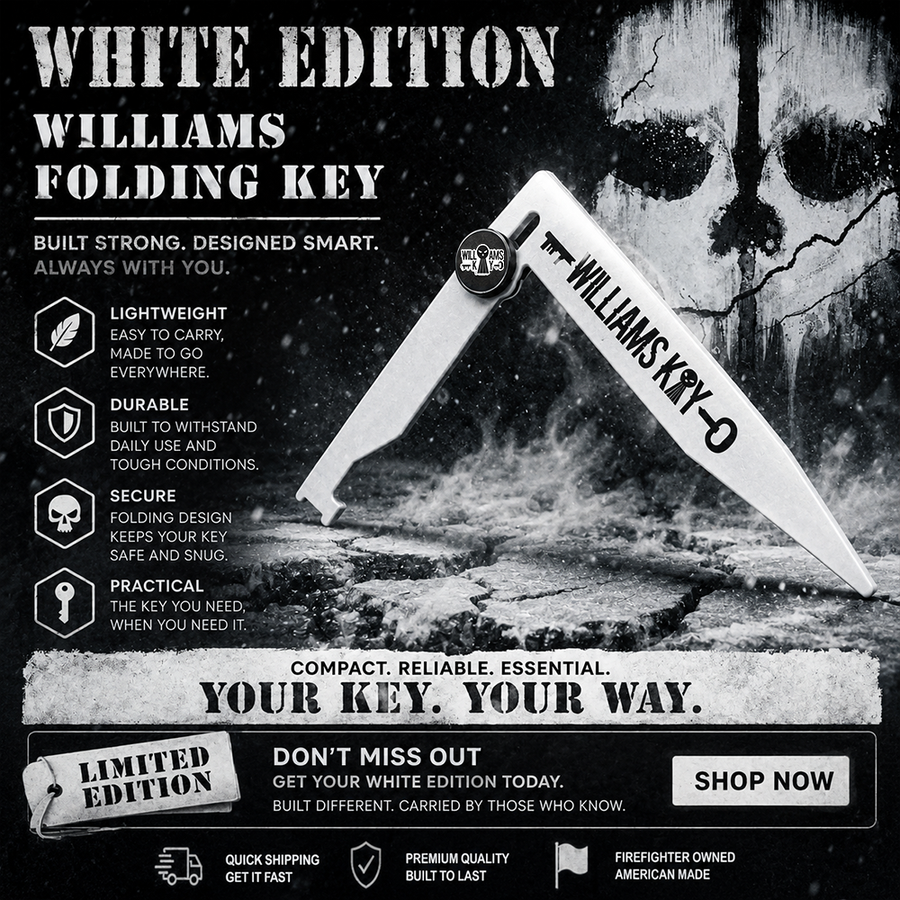 White Folding Williams Key — compact firefighter soft entry tool for damage-free door access