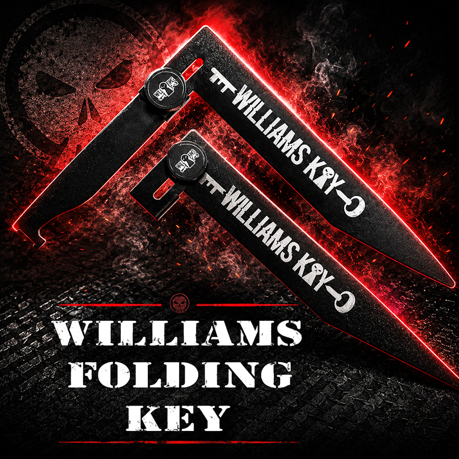 Williams folding key with red accents on a dark background
